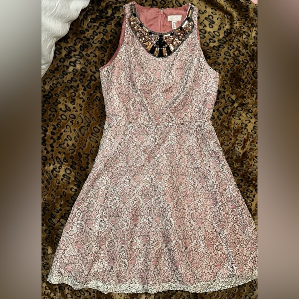 Vintage Adrianna Papell Blush Pink Lace dress A Line Flare beaded cocktail 16